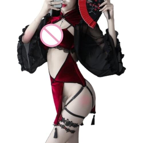 Women Gothic Anime Cosplay Lingerie Set Mesh Long Sleeve Cheongsam Velvet Dress