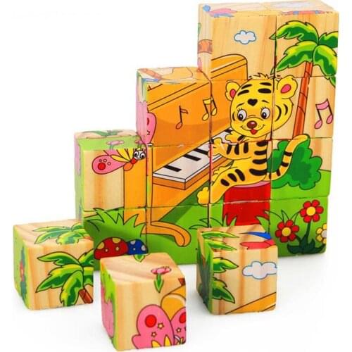 16pcs/set 7 Style 3D Kids Wooden Blocks Toys Cartoon Print Domino Children Educational Toy Building Block Toys For Baby Kids