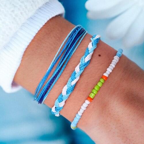 3pcs/set Bohemia Style Bracelets Sets Beach Ocean Sky blue Rope Handmade thin beads Bracelets