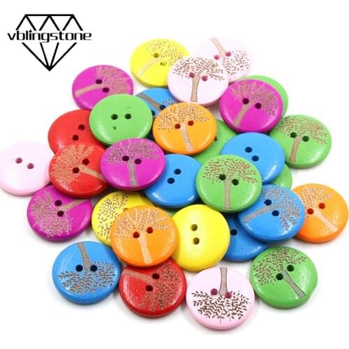 50Pcs 20x20mm Mixed Color Round Buttons Two Holes Trees Wooden Button For Clothes Sewing Accessories DIY Crafts Scrapbooking