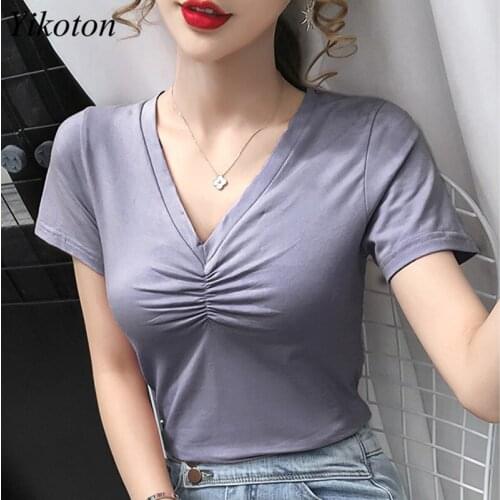 V-Neck Basic T Shirts Casual Women Tshirt Solid Cotton 2021 Summer Top T-Shirt Womans Clothes Tee Shirt Femme Camisetas Mujer