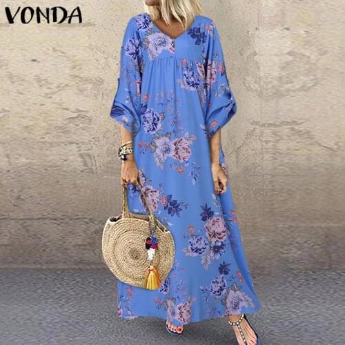 Bohemian Sundress Women Summer Dress 2021 VONDA Women Vintage Floral Printed Maxi Long Dresses Bohemian Vestido
