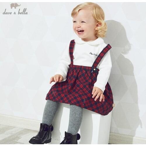 DB14589-2 dave bella autumn baby girls princess bow plaid strap dress lolita party suspenders dress toddler children clothes