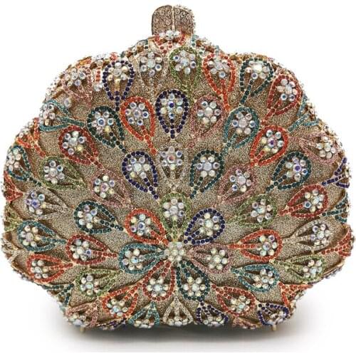 Purple Rhinestone Crystal Women Clutch Handbags Luxury Ladies Gold Metal Purses Hollow Out Female Mini Purse Phone Bag Handbag