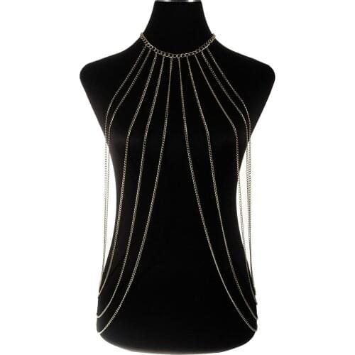 Hot Sexy Multilayer Body Chain Exaggerated Gold Color Womens Bikini Cross Over Harness Waist Chain Long Necklace Jewelry