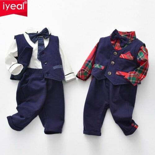 IYEAL 3Pcs Baby Boys Gentleman Long Sleeve Bowtie Bodysuit Shirt Vest with Pants Clothing Set Outfit for Kids Newborn Clothes