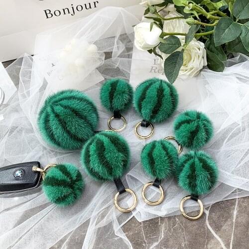 Genuine Natural Real Mink Fur Keychain Soft little watermelon Pendant Women Bag Charm Leather Strap Car Key Metal Ring Ornaments