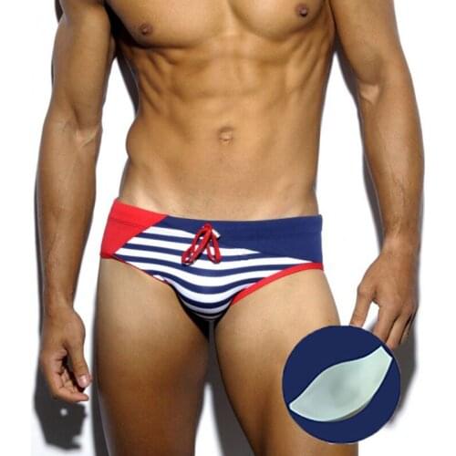 Push Up Pad Navy Stripes Print Swimwear Men Brief Penis Breathable Summer Beach Sexy Gay Swimwear Bikini Swimsuit Men 12 Colors