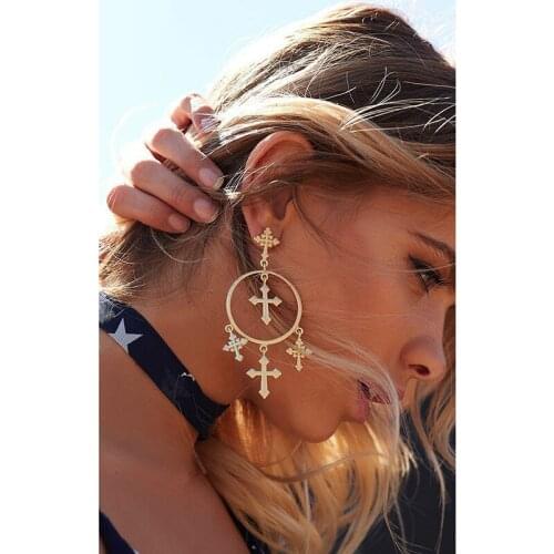 Fashion Cross Earrings Gold Color Big Hollow Cross Round Circle Long Drop Earrings For Women Party Ear Jewelry