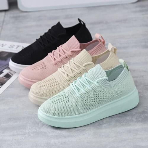 Autumn sneakers women 2020 new knitted mesh breathable large size sports womens shoes fashion lace-up white casual work shoes