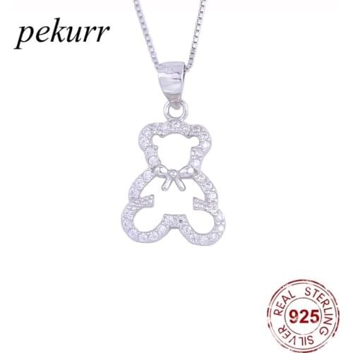 Pekurr 925 Sterling Silver Hollow CZ Hoop Diamond Teddy Bear Necklace For Women Cartoon Pendants Kids Girl Fashion Jewelry