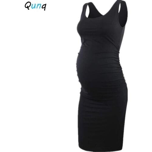 Qunq Summer Sleeveless Pregnant Woman Dress 2021 New O-neck Solid Color Elegant Maternity Outfits Plus Size Pregnancy Clothes