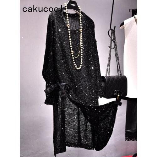 Cakucool Women Long Sleeve Dress Sequined Knit Side Slit Vestido O-neck Hollow Out Bling Loose Casual Sweet Mini Dresses Black