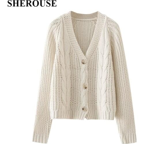 SHEROUSE 2021 Fashion Women Knitted Cardigan Long Sleeve V-Neck Vintage Woman One Size Ribbed Knit Sweater Fall Autumn Chic Tops