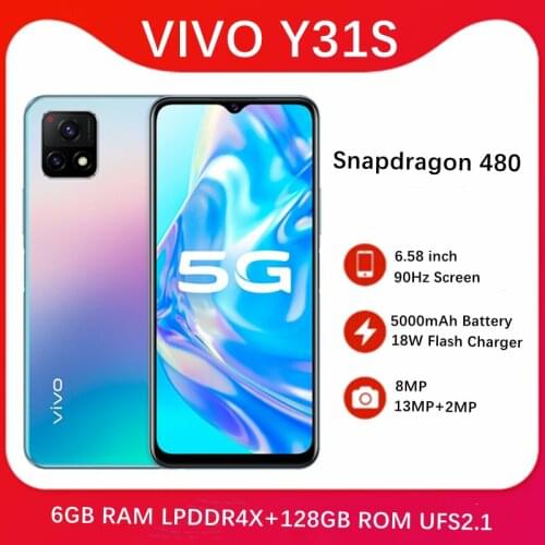 Original VIVO Y31s 5G Smartphone 6GB 128GB Snapdragon 480 5000mAh Battery 90Hz 13.0MP Dual Cameras Face ID Android 11 Phone