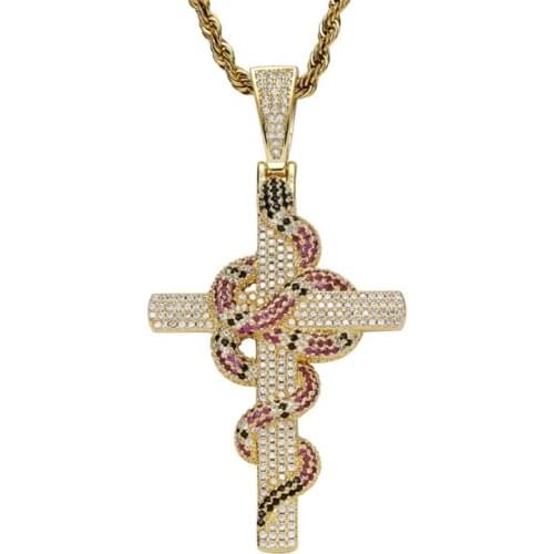 Rhinestone Men Necklace Ice Out Cubic Zircon Hip Hop Snake Cross Pendant Gold Silver Color Charm Chain Jewelry