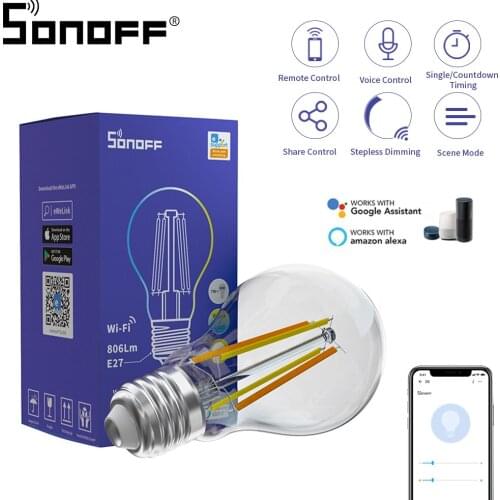 SONOFF B02-F A60 WiFi LED Filament Bulb Smart Home E27 Dimmable Light Bulbs Dual-Color Voice Remote Control Work with Alexa
