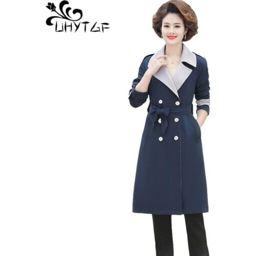 UHYTGF Women Spring Autumn Trench Coat Fashion Double-Breasted Casual 5XL Plus Size Outwear Stitching Elegant Female Clothes1502