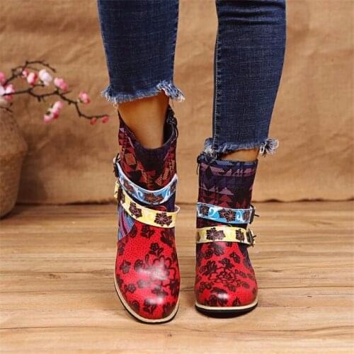 Vintage Splicing Printed Ankle Boots for Women Shoes Woman PU Leather Retro Block High Heels Women Boots 2021