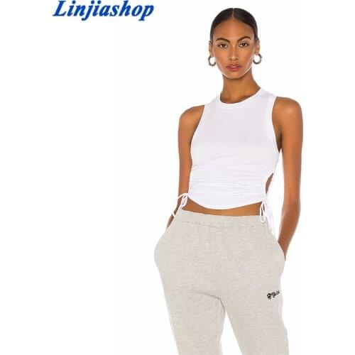 Sexy Side Drawstring Hollow Out White Tank Top Women O Neck Sleeveless Cotton Casual Summer Fashion Tops