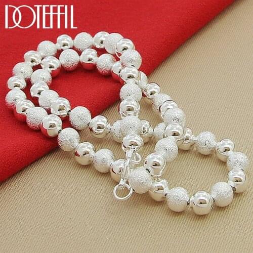 DOTEFFIL 925 Sterling Silver 8mm Beads Matte Smooth Chain Necklace For Woman Fashion Wedding Engagement Party Charm Jewelry