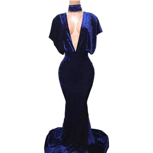 Blue Prom Dresses Mermaid Deep V-neck Velvet Dubai Saudi Arabic Long Robe De Soiree Prom Gown Evening Dresses
