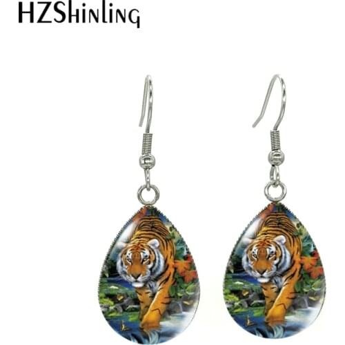 2021 New Painting Forest Wildlife Animals Tiger and Babies Glass Cabochon Tear Drop Dangles Handcraft Fish Hook Earrings