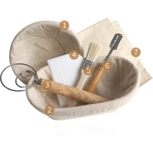 7PCS Oval & Round Fermentation Proofing Rattan Basket Dough Bread with Arc Curved Knife Scraper Brush Danish Whisk Linen