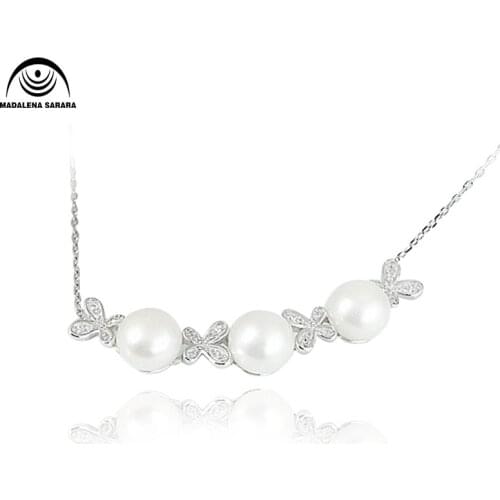 MADALENA SARARA S925 AAA Freshwater Pearl Inlaid Pendant Sterling Silver Chain Necklace AAAA Zircon Inlaid Three Pearls Style