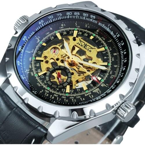 JARAGAR Top Luxury Brand Automatic Mechanical Watch Men Leather Strap Skeleton Watches Luminous Hands Army Sports Male Clock