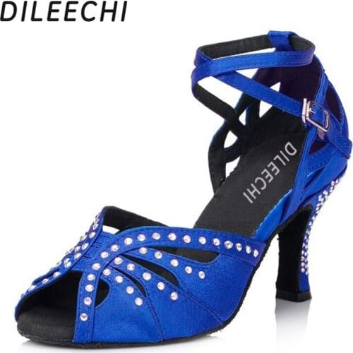 DILEECHI Blue satin rhinestones womens Latin dance shoes Ballroom dancing shoes 7.5cm soft outsole party Square dance shoes