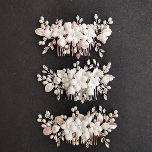 SLBRIDAL Handmade Alloy Crystal Rhinestone Ceramic Flower Bridal Hair Comb Wedding Hair Accessories Bridesmaids Women Jewelry