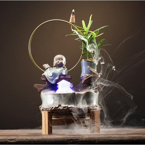 Zen Chinese Water Fountain Indoor Decoration Office Home Feng Shui Fountains Ceramic Crafts Iron Art Incense Holder Wooden Base