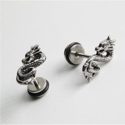 Classic Chinese Style Retro Animal Dragon Earrings SilverColor Steel Casting Earrings Mens and Womens Party Jewelry Gifts