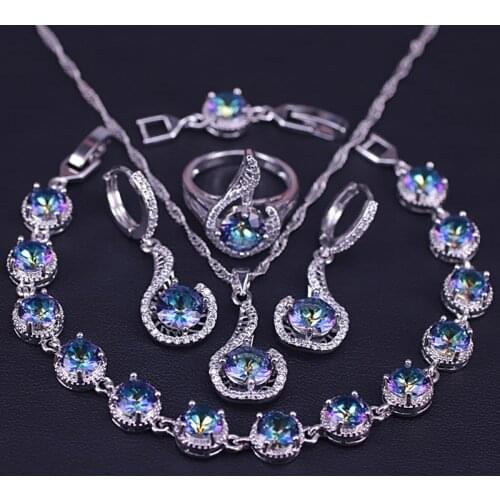 Round Shiny Rainbow Silver Color Jewelry set For Women Earrings Ring Necklace Bracelet Pendant Bridal Jewelry In Store