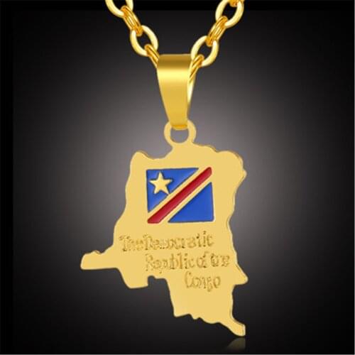 QIAMNI Hip Hop Africa Democratic Republic of the Congo Map DRC Pendant Necklace Chain Ethnic Jewelry for Women Men Hometown Gift