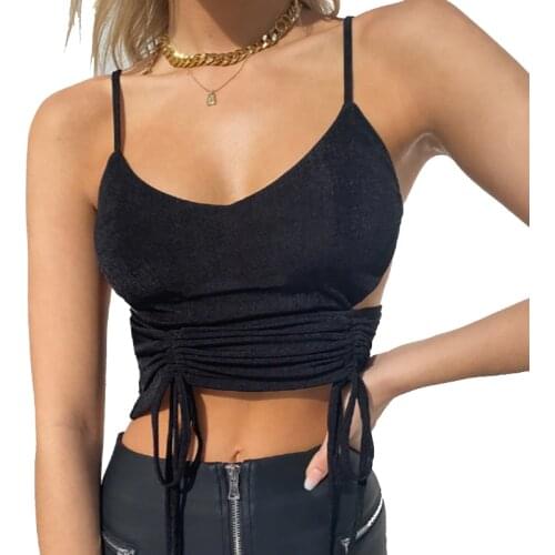 Fashion Women Solid Sexy Halter Tank Tops Spaghetti Strap Camisole Knitted Ruched Drawstring Crop For Club Summer Streetwear