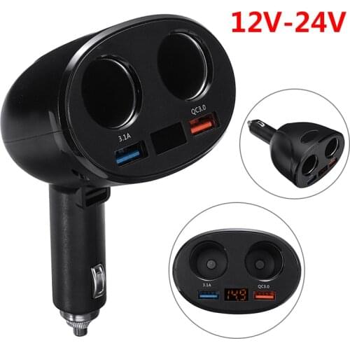 Multifunctional Digital Display QC3.0+3.1A DC 12V Car Cigarette Lighter Adapter Charger 2 Way Plug Socket