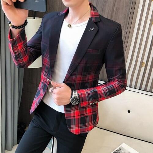 Clothing Male Blazer Masculino 2021 Spring British Style Plaid Blazer for Men Suit Jacket Casual Dress Coat