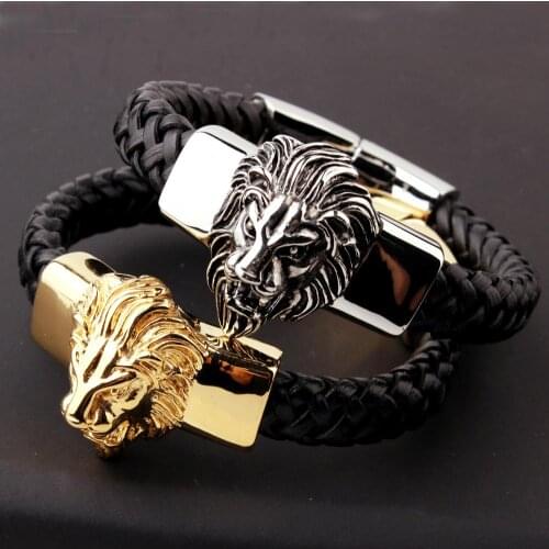 Punk Menss 316L Stainless Steel Lion Head Bracelet with Black Leather Wristed Wrap Bracelet Bangle