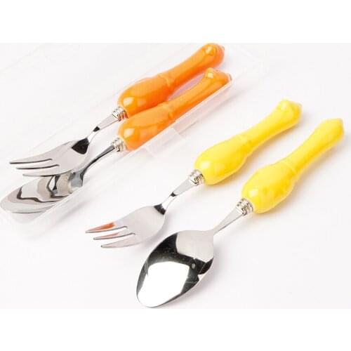 2PCS Golden Goose Tableware Set Stainless Steel Ceramic Spoon Fork Cutlery Set Dinnerware Set Home Kitchen Flatware Supplies