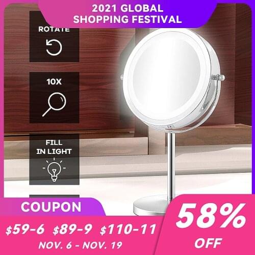 LED Lights 7 Inches Double Sided 10X Magnifying 3 Color of Dimmable Adjustable Round Shape Desktop Vanity Makeup Mirror