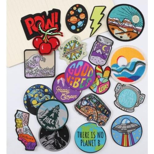 Clothing Iron On Van Gogh Bus Cherry Embroidered Patches Stripes Applique Label Paste Patch Stickers Badges Sewing Accessories