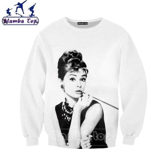 Mamba Top 3D Print Audrey Hepburn Sweatshirt Men Woman Shirt Celebrity Actor Fashion Beautiful Girl O Neck Unisex White Clothing