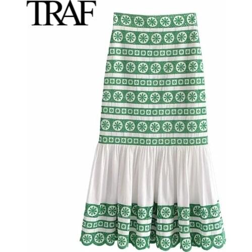 Traf Long Skirts Women Clothing 2021 Embroidered Medium Length Skirt Fashion Vintage Sexy Midi Skirt Faldas Mujer Moda