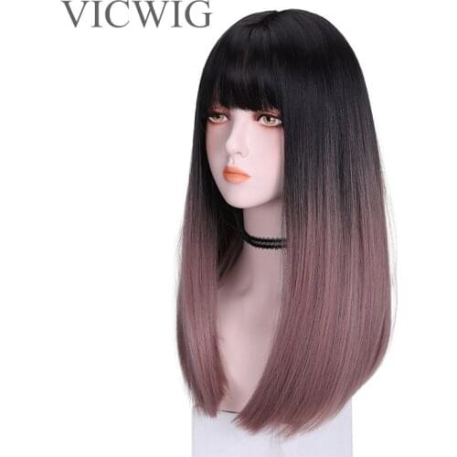 VICIWG Women Long Straight Synthetic Hair Black Gradient Thin Rattan Color Female Wig with Bangs