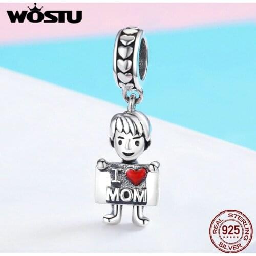 WOSTU 100% Real 925 Sterling Silver I Love Mom Lovely Boy Charm Pendants For Original Women Bracelet Jewelry Making Gift FIC691