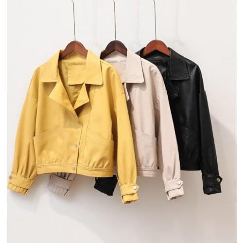 Autumn New Faux Leather Jacket Women Pu Motorcycle Short Biker Coat Single Breasted Big Pocket Loose Soft Leather Outwear G1138