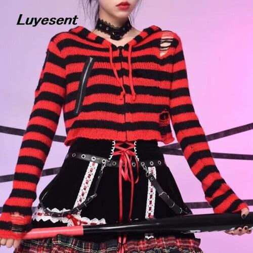 Gothic Lady Striped Cardigan Short Hooded Sweater Autumn Women Zipper Hollow Out Y2k Sweaters Long Sleeve Pink Red Knitted Top