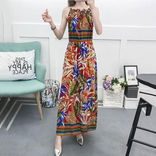 Sling Cotton Silk Dress Womens Mid-Length Beach Summer Cotton Silk Large Size Floral Bohemian Seaside Vacation Loose Dresses